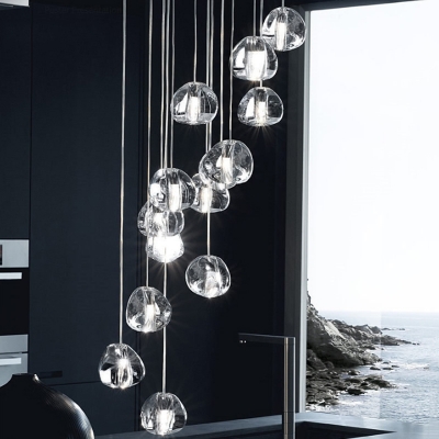 Clear Glass Geometric Cluster Pendant Simple 14 Heads Silver LED Suspension Lighting
