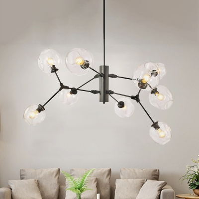 Contemporary Ball Hanging Light Kit Clear Dimpled Glass 9 Bulbs Living Room Chandelier in Black with Branch Design