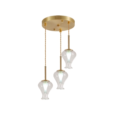 Contemporary Vase Down Lighting Clear Glass 3-Bulb Dining Room Cluster Pendant Lamp in Brass