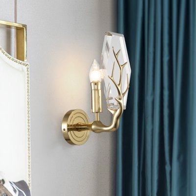 Crystal Hexagon Panel Wall Light Fixture Contemporary 1-Head Gold Wall Sconce Lamp with Antler Deco
