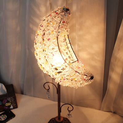 Curved Bedroom Nightstand Lamp Art Deco Metal 1 Bulb White/Yellow Task Lighting with Crystal Bead