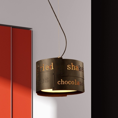 Cylinder Restaurant Ceiling Chandelier Industrial Iron 3 Bulbs Black Finish Lettering Suspended Pendant Light