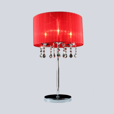 Cylinder Shade Table Lamp Modern Fabric 1 Bulb Red Task Light with Crystal Teardrop