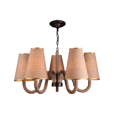 Fabric Cone Hanging Lighting Industrial 3/5/8 Heads Restaurant Pendant Chandelier in Beige with Curved Rope Arm