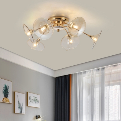 Flared Flushmount Lighting Modernism Green/Amber Glass 6 Heads Living Room Semi Flush Lamp