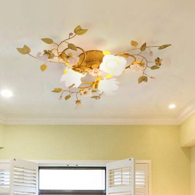 Flower Metal Ceiling Light Country Style 3 Bulbs Bedroom Semi Flush Mount Lighting in Gold