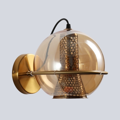 Global Bedside Wall Light Sconce Cognac Glass 1 Bulb Contemporary Wall Mount Lamp in Brass