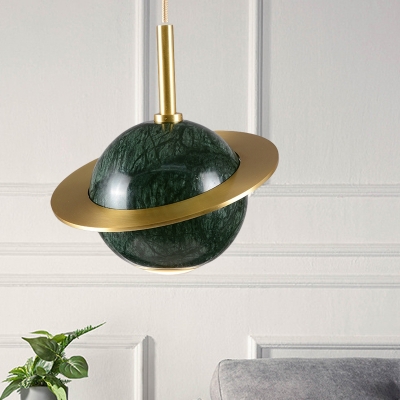 Globe Hanging Light Kit Modernist Marble LED Restaurant Pendant Lamp in White/Black/Green with Trapped Ring