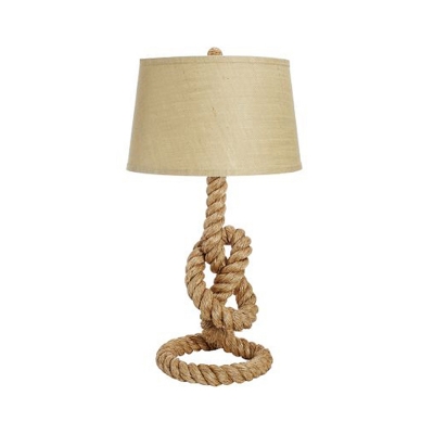 Industrial Knots Table Lamp 1 Light Rope Nightstand Lighting in Beige with Barrel Fabric Shade