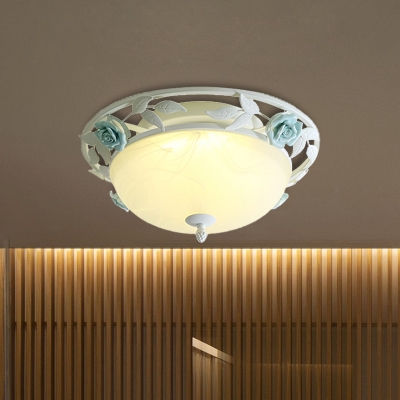 LED Bowl Ceiling Light Pastoral White Metal Flower Flush Mount Lighting for Dining Room, 16