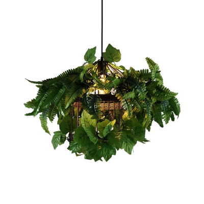 Metal Black Drop Pendant Birdcage 1-Light Antique LED Down Lighting with Plant Decor