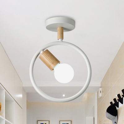 Metal Ring Semi Flush Lighting Modernist 1-Light Flush Mount Ceiling Lamp in Grey/Green/White with Tube Wood Arm