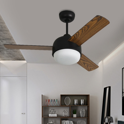 Metal White/Black Ceiling Fan Light Bowl Contemporary 3 Wooden Blades LED Semi Flush Mounted Lamp, 36