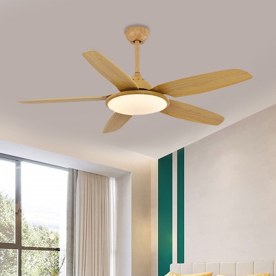 Modern 6 Blades Pendant Fan Light LED Wood Semi Flush Ceiling Lamp in Beige for Living Room, 52
