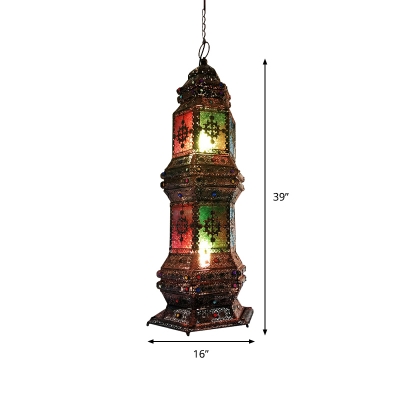Moroccan Tower Chandelier Pendant Light 2 Heads Metal Suspension Lighting in Copper