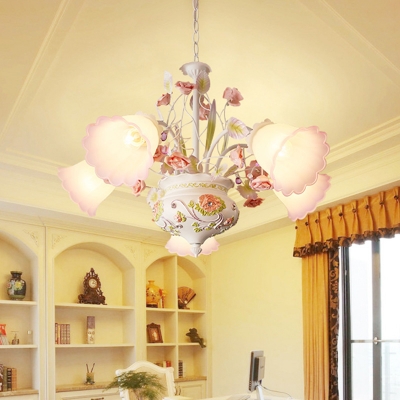 Pastoral Rose Hanging Chandelier 5 Bulbs Purple and White Glass LED Ceiling Light for Living Room
