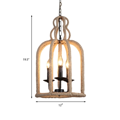 Rope Bird Cage Ceiling Chandelier Vintage 3-Light Coffee House Suspension Lamp in Beige