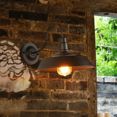 Rust Gooseneck Arm Sconce Lamp Farmhouse Iron 1 Light Bedside Wall Mount with Barn Shade