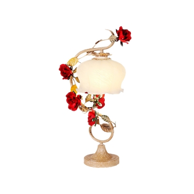 Scalloped Bedroom Night Table Light Pastoral Metal 1 Light Coffee Nightstand Lamp with Rose Decoration