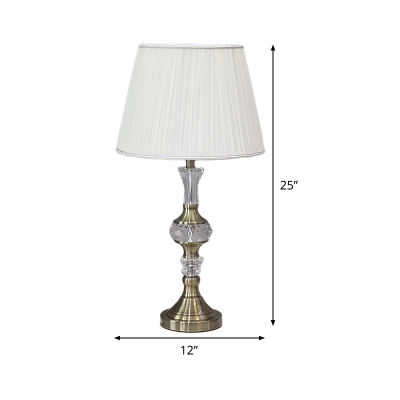 Tapered Drum Crystal Desk Light Modernism Fabric 1 Bulb Night Table Lamp in White