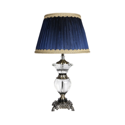 Tapered Drum Crystal Table Light Contemporary Fabric 1 Head Small Desk Lamp in Blue