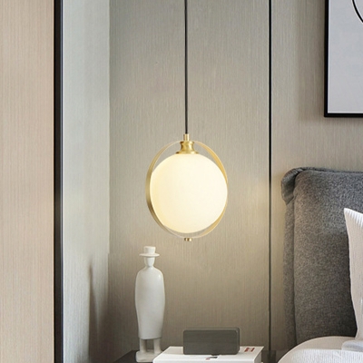 White Frosted Glass Ball Pendant Minimalist 1-Bulb Ceiling Hang Fixture with Brass Ring
