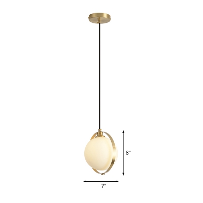 White Frosted Glass Ball Pendant Minimalist 1-Bulb Ceiling Hang Fixture with Brass Ring