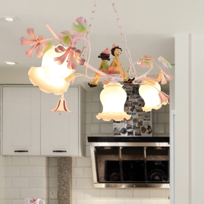White Glass Blossom Chandelier Lamp Traditional 3 Lights Living Room Suspension Light