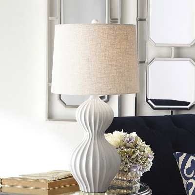 White Tapered Drum Desk Lamp Modernism 1 Bulb Fabric Task Light with Gourd Ceramic Base