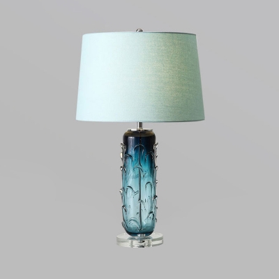 1 Head Bedside Table Light Modernist Blue Nightstand Lamp with Barrel Fabric Shade