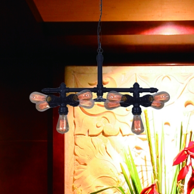 10 Bulbs Iron Hanging Light Kit Farmhouse Black Sputnik Pipe Living Room Chandelier with Linear Design