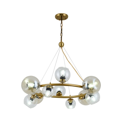 12-Bulb Living Room Chandelier Simple Brass Ring Design Suspension Light with Round Clear Glass Shade