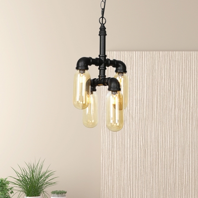2/4/5 Lights Amber Glass Pendant Chandelier Industrial Black Capsule Bar LED Hanging Ceiling Lamp, 14.5