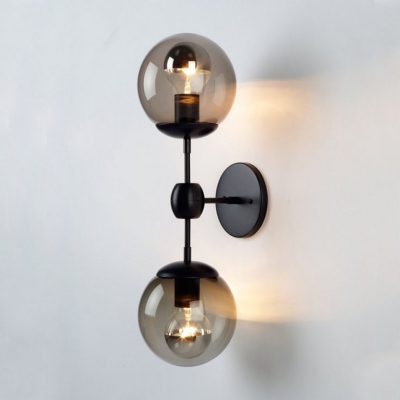 

2 Lights Orb Wall Light Modern Simple Amber Glass Decorative Wall Sconce in Satin Black for Hallway, HLC374977