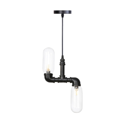 2 Lights Water Pipe Ceiling Lamp Industrial Black Iron LED Hanging Chandelier with Capsule Clear Glass Shade