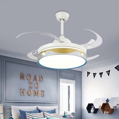 4 Blades White Drum Fan Lighting Modernism Acrylic LED Semi Flush Mounted Lamp for Living Room, 47