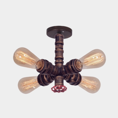 4 Bulbs Semi Flush Lighting Industrial Radial Pipe Iron Flush Mounted Lamp in Copper with Valve Deco