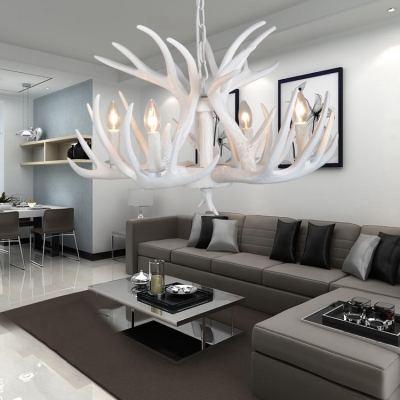 4 Light Antler Hanging Light Lodge Designers Style White Resin Suspension Light for Living Room