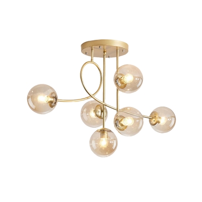 6-Bulb Living Room Ceiling Chandelier Modern Brass Hanging Pendant Light with Sphere Clear Glass Shade