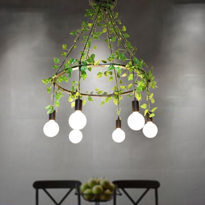 6 Lights Exposed Bulb Cluster Pendant Industrial Black Metal Plant Ceiling Hang Fixture for Restaurant