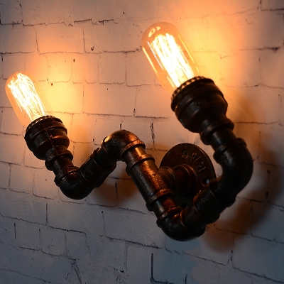 Antiqued Curved Arm Wall Mount Pipe Light 2 Lights Metal Wall Sconce Lamp in Rust