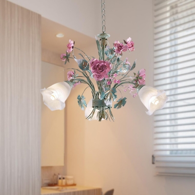 Aqua Floral Chandelier Pendant Light Country Style Metal 3/5/8 Bulbs Living Room LED Hanging Lamp Kit