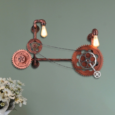 Bicycle Stairway Sconce Lighting Antiqued Metal 2 Bulbs Rust Finish Wall Mount Lamp