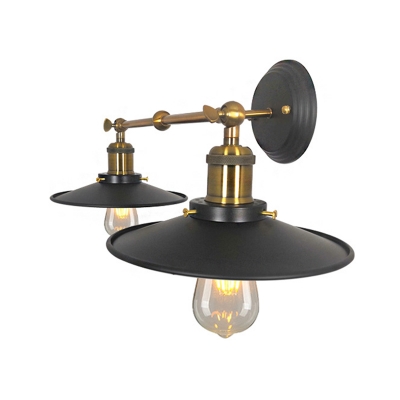 Black 2 Heads Wall Mount Sconce Industrial Metallic Flared Wall Light Fixture with Double Arm