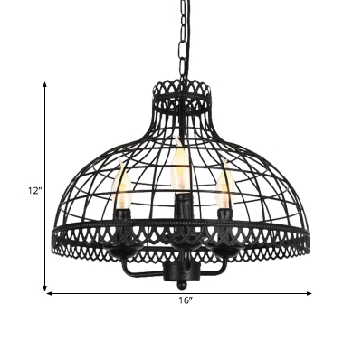 Bowl Living Room Chandelier with Adjustable Chain Metal 3 Lights Antique Pendant Lamp in Black
