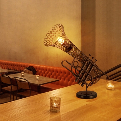 Brown Sax Cage Shaped Desk Light Vintage Metal 1-Light Restaurant Night Table Lamp