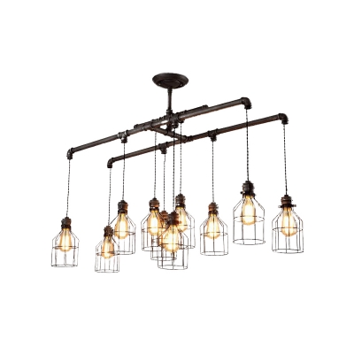 Caged Restaurant Island Lighting Vintage Metal 6/10 Lights Aged Silver Hanging Lamp Kit with 2-Pipe Rod