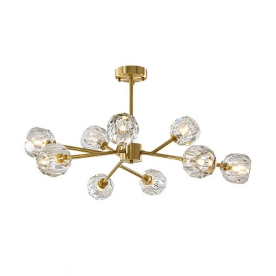 Contemporary Branch Hanging Lighting Metal 9 Lights Dining Room Chandelier Lamp in Brass with Orb Crystal Shade