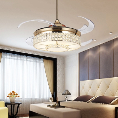 Crystal Drum Pendant Fan Lighting Modern Bedroom LED Semi Flush Mounted Lamp in Gold with 4-Blade, 48