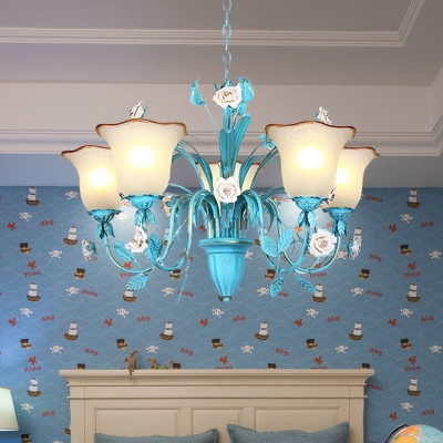 Flared Metal Ceiling Chandelier Vintage 3/5/7 Heads Living Room LED Suspension Lighting in Blue with Rose Decor